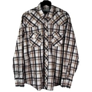 Wrangler Mens Wrancher Pearl Snap Shirt L Brown Plaid Cowboy Western Work Casual